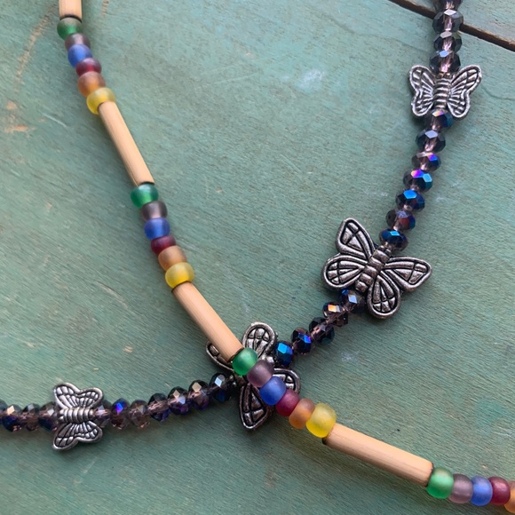 Artesian Made Crystal & Butterflies Necklace & Hippie Beaded Butterfly Necklace - Picture 4 of 9